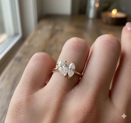 Unique Two-Stone Pear and Marquise Moissanite Engagement Ring, Gold Toi et Moi Proposal Ring, Modern Bridal Jewelry Anniversary Gift for Her