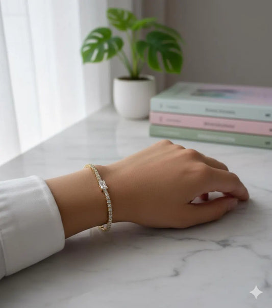 Tennis Bracelet, Gold Plated Moissanite Bracelet, Wedding Jewelry for Bride, Bridesmaid Gift, Anniversary Present, Promise Bracelet