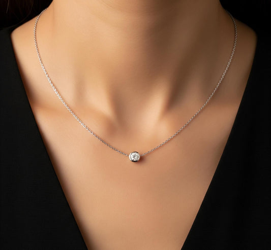 Minimalist Bezel Silver Plated Necklace, 18K White Gold Plated Solitaire Moissanite Necklace, Moissanite Bezel Pendant, Gift For Her.