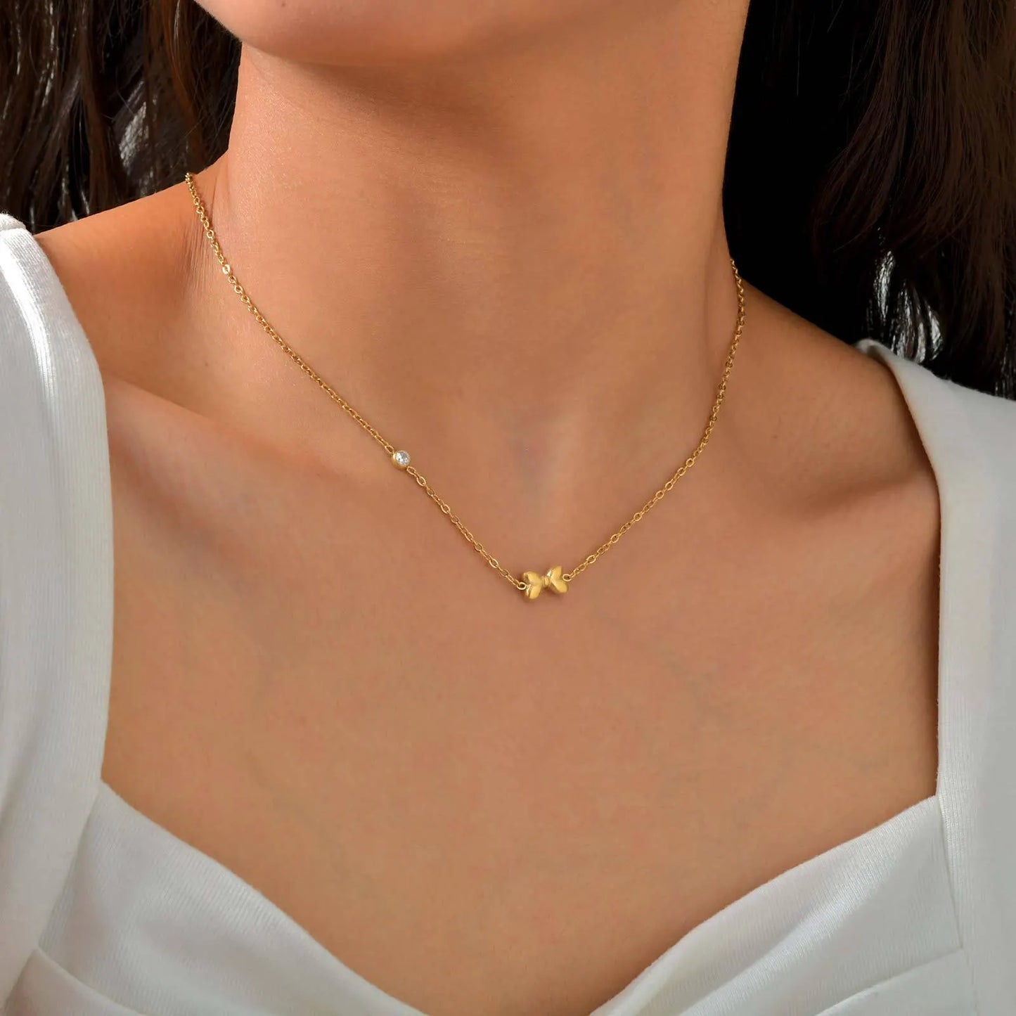 Bow Gold Plated Dainty Necklace, 18K Gold Plated Bow Pendant With Moissanite, Gift For Her, Cute Bow Jewelry, Minimalist Necklace For Her