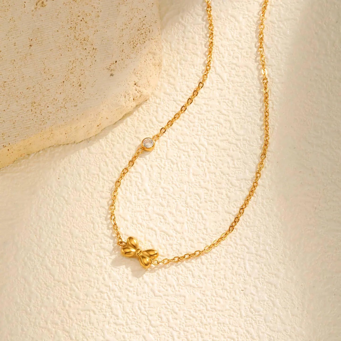 Bow Gold Plated Dainty Necklace, 18K Gold Plated Bow Pendant With Moissanite, Gift For Her, Cute Bow Jewelry, Minimalist Necklace For Her