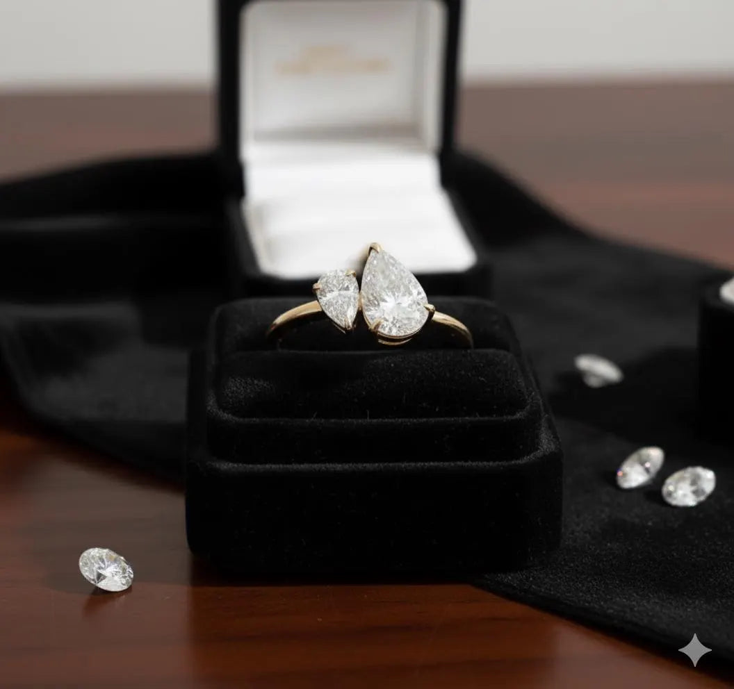 Two Stone Pear Diamond Ring, Toi et Moi Engagement Ring, Cushion and Pear Moissanite, Gold Bridal Jewelry, Anniversary Gift for Her