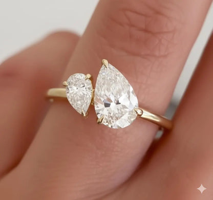 Two Stone Pear Diamond Ring, Toi et Moi Engagement Ring, Cushion and Pear Moissanite, Gold Bridal Jewelry, Anniversary Gift for Her
