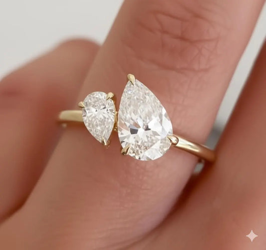 Two Stone Pear Diamond Ring, Toi et Moi Engagement Ring, Cushion and Pear Moissanite, Gold Bridal Jewelry, Anniversary Gift for Her