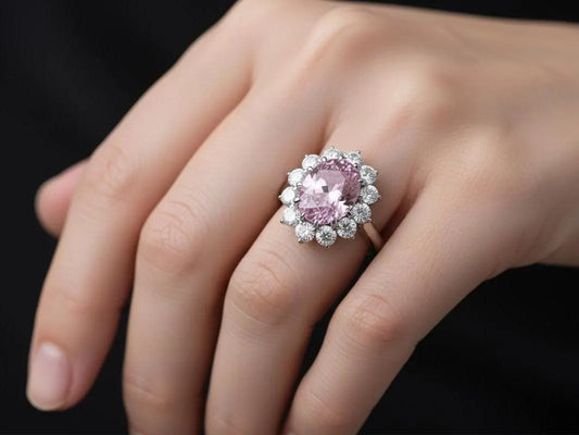 Dazzling Pink Moissanite Oval Cut Halo Ring, Vintage-Inspired Floral Engagement Ring, Romantic Proposal Ring, Handcrafted in Gold